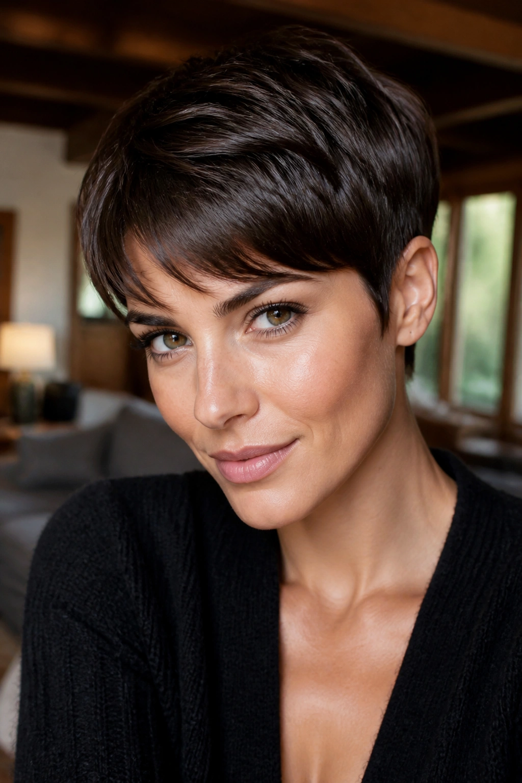 Close-up of a real woman with a dark truffle pixie and glossy brunette shine.