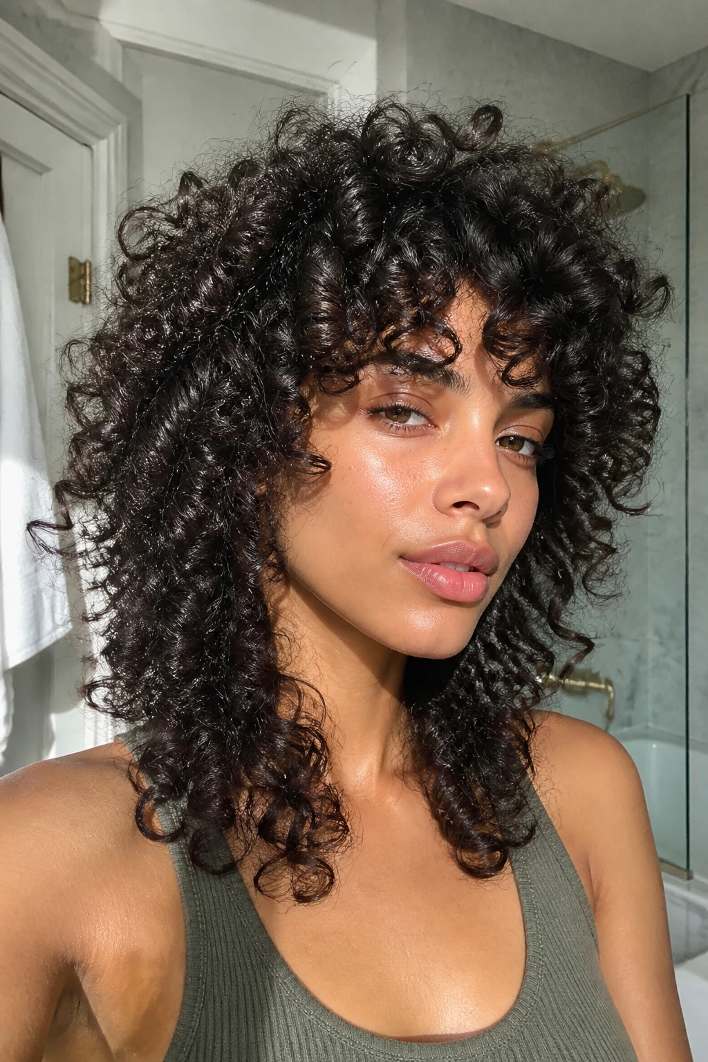 Medium close-up of a real person with a de-bulked shag on dense coils in a sunlit home