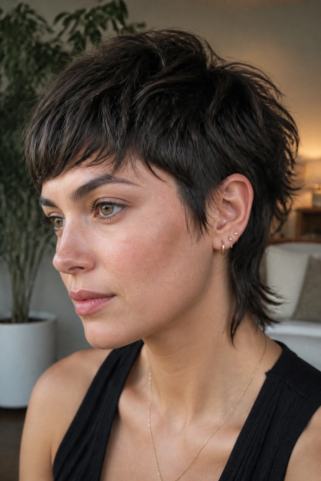 Close-up of a real person with debulked thick-hair pixie mullet in a cozy living room