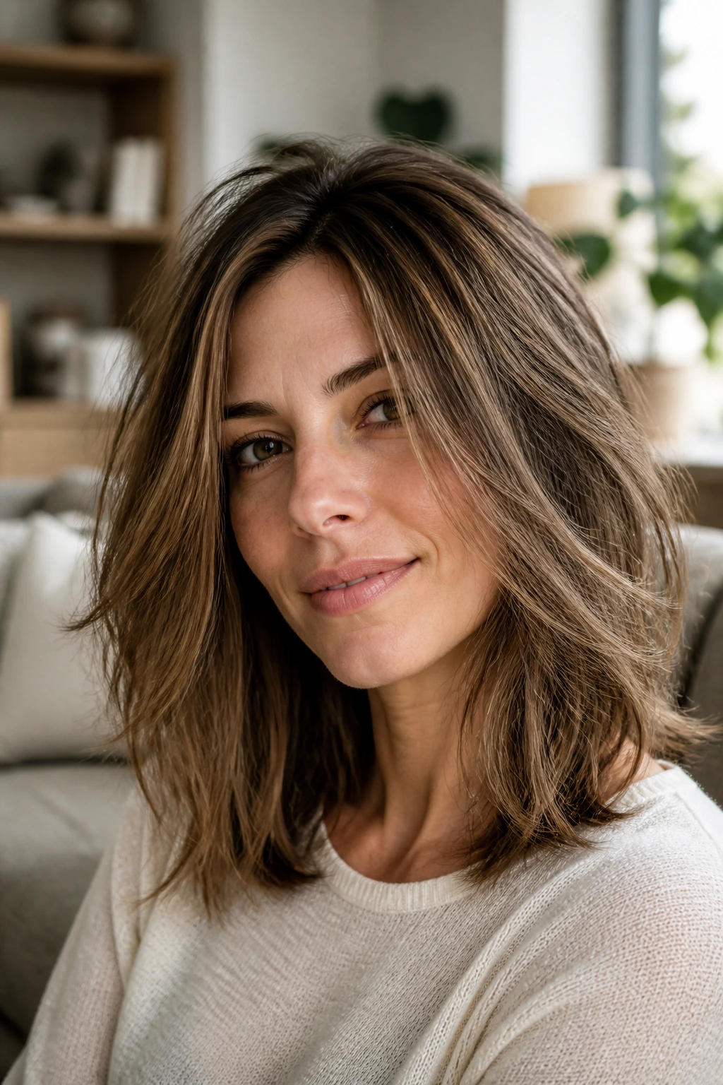 Portrait of a real person with lightweight, debulked shoulder-length hairstyle