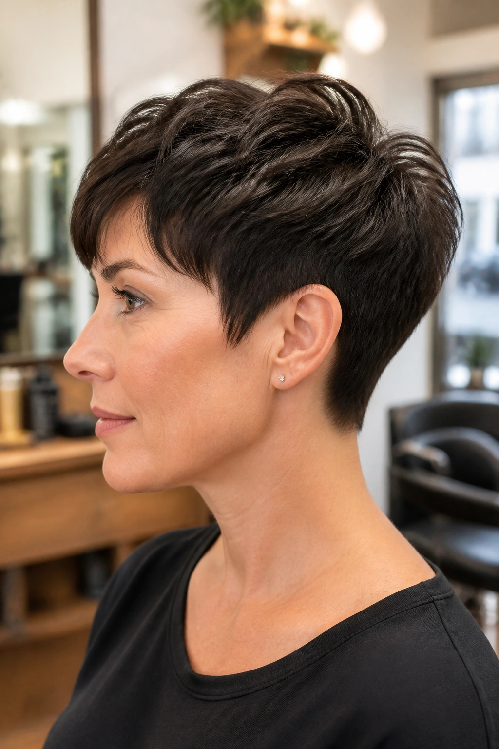 Close-up of real person with thick-hair debulked pixie in a modern salon