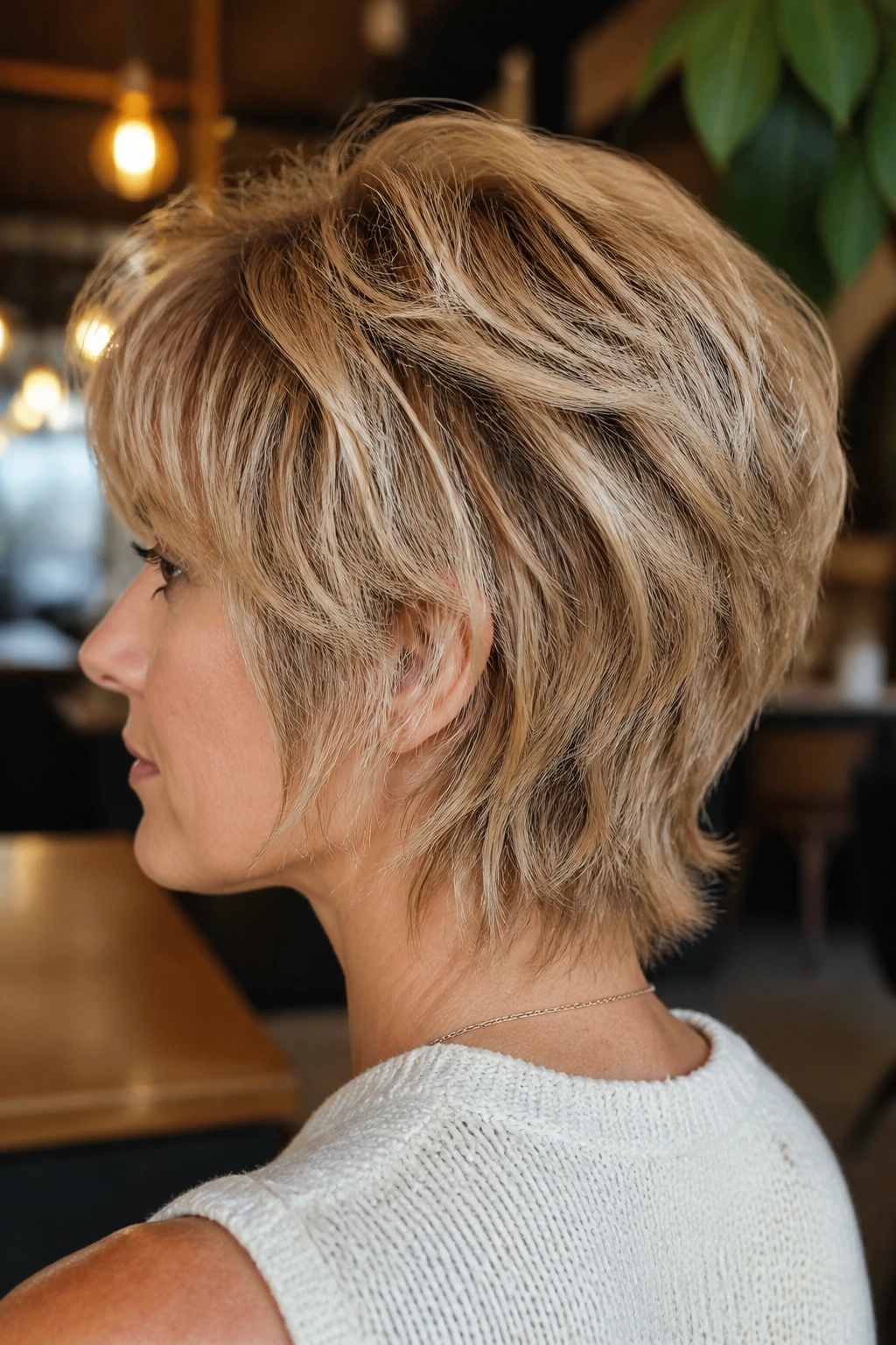 Close-up portrait of a real person with a deconstructed wedge shag showing textured layers.