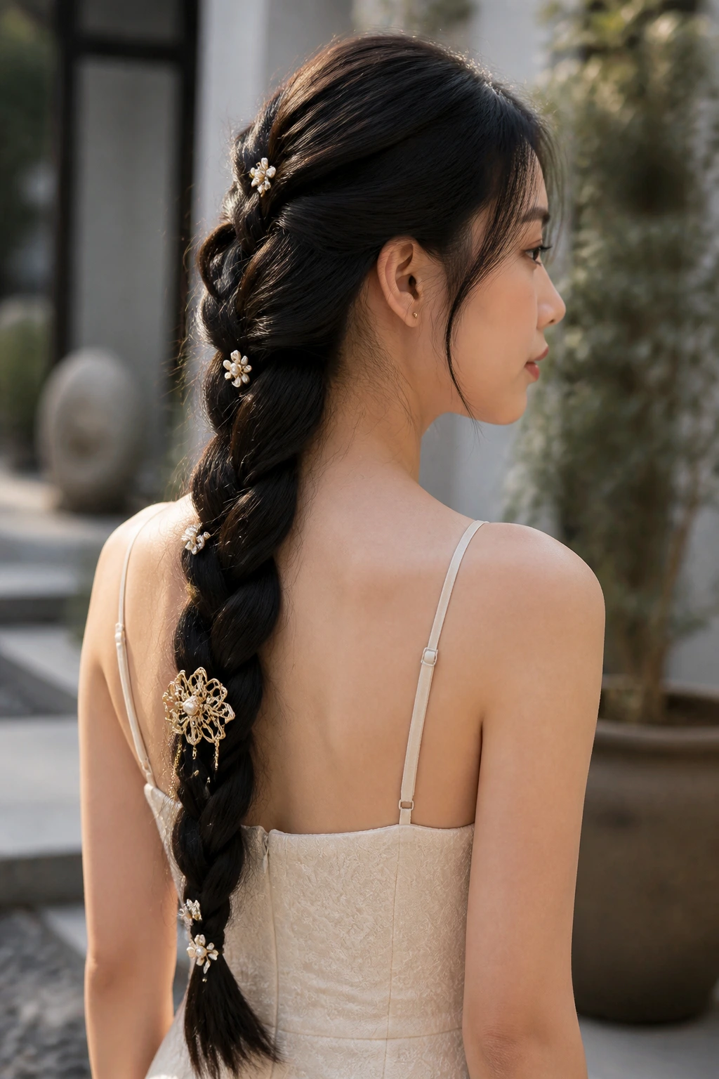 Three-quarter view of a real woman with a long braid accented by hairpins