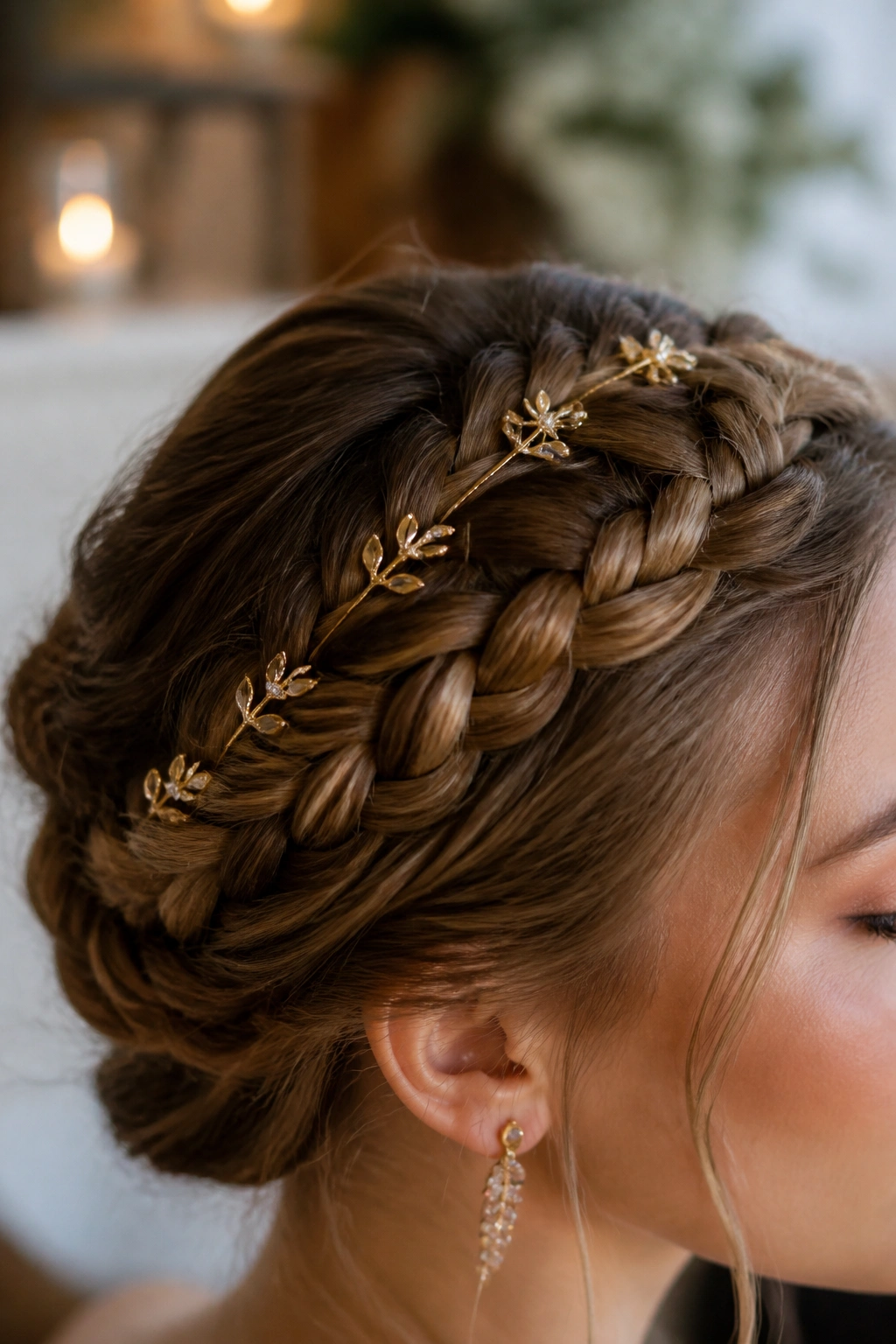 Decorative pins placed along a braided crown on a real person