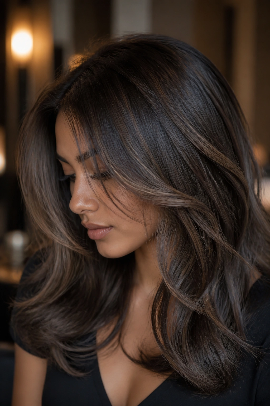 Close-up of a real person with deep ash brown hair and smoky lowlights