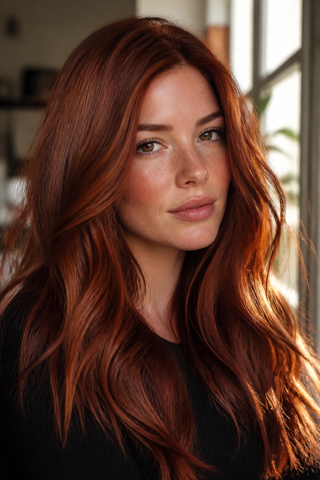 Close-up of a real woman with deep auburn copper hair in warm light