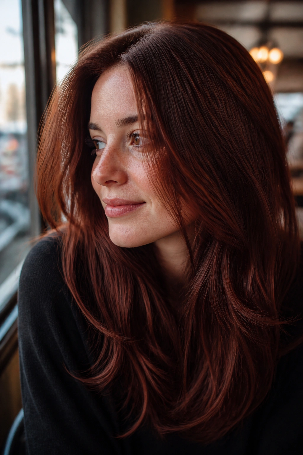 Close-up of a real person with Deep Auburn hair color showing red-brown depth.