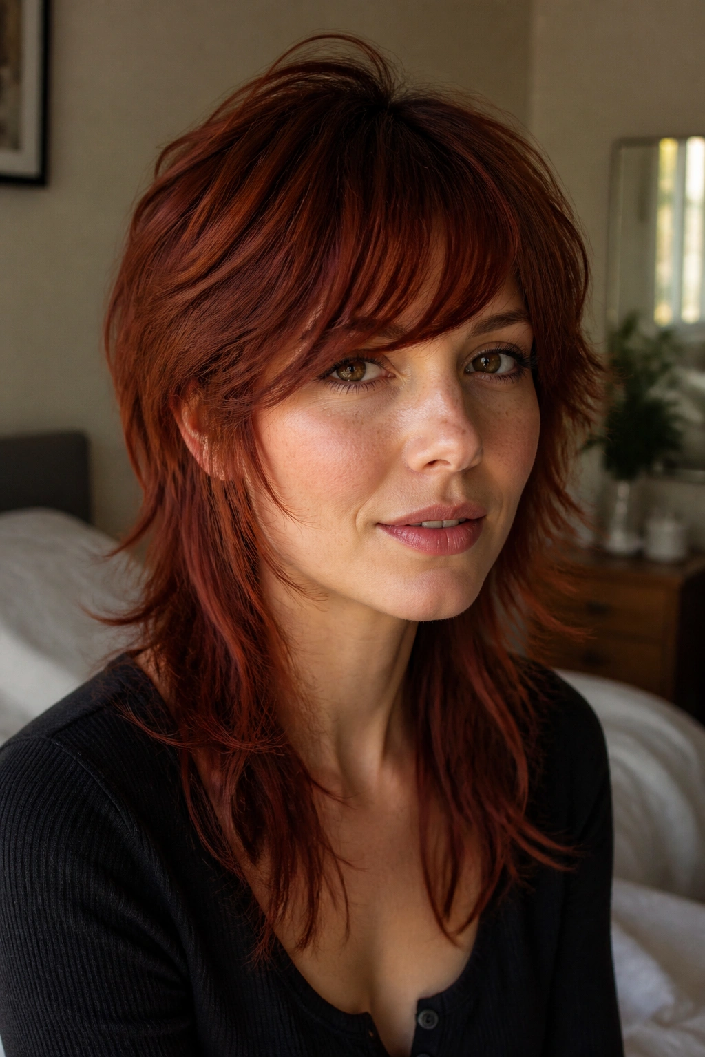 Close-up portrait of a real woman with a deep auburn wolf cut and side-swept bangs