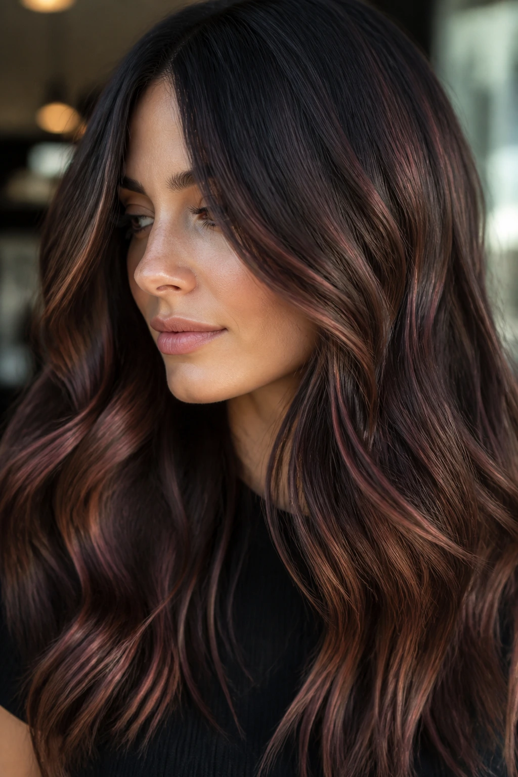 Close-up of deep brown hair with muted rose gold highlights in cafe light