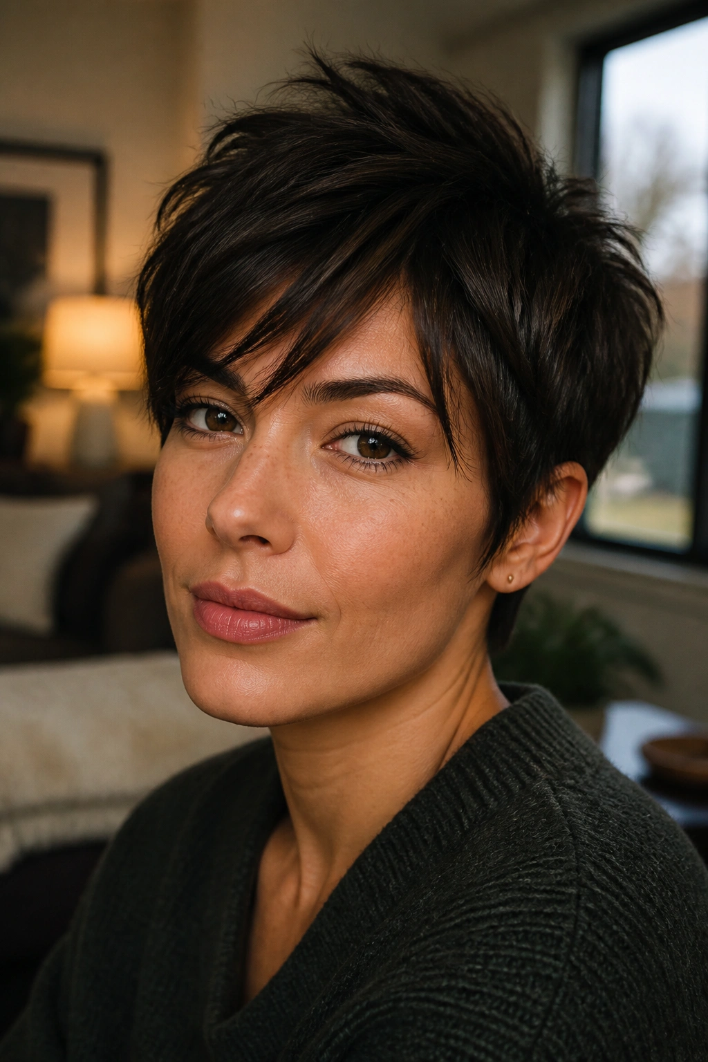 Close-up of a deep brunette piecey pixie on a real person in a cozy room