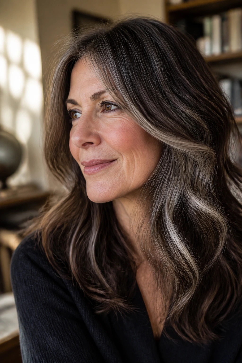 Close-up portrait of a real woman with deep brunette hair and wispy silver highlights in warm daylight