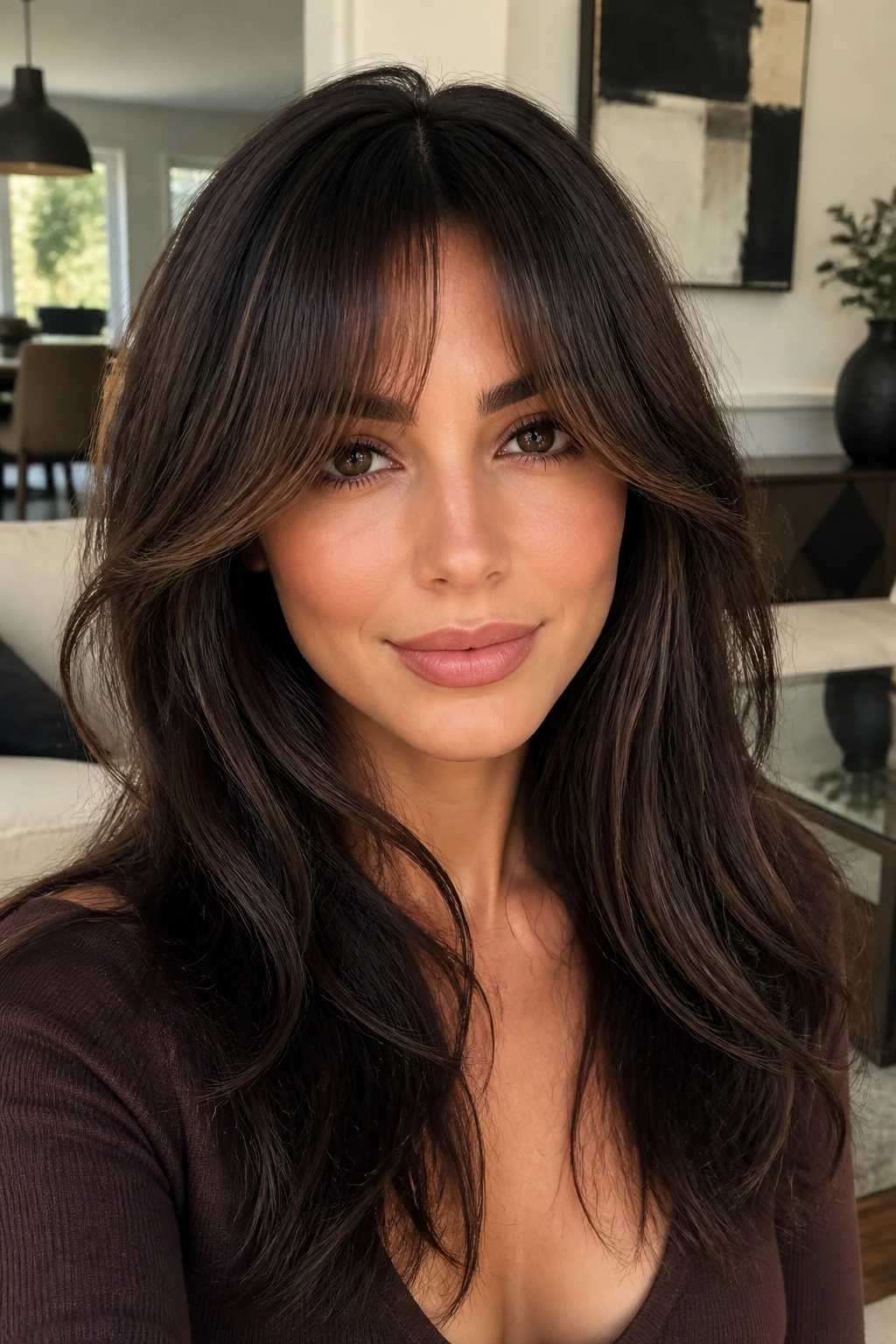 Close-up portrait of a real woman with deep chocolate hair and curtain bangs brightening the face.