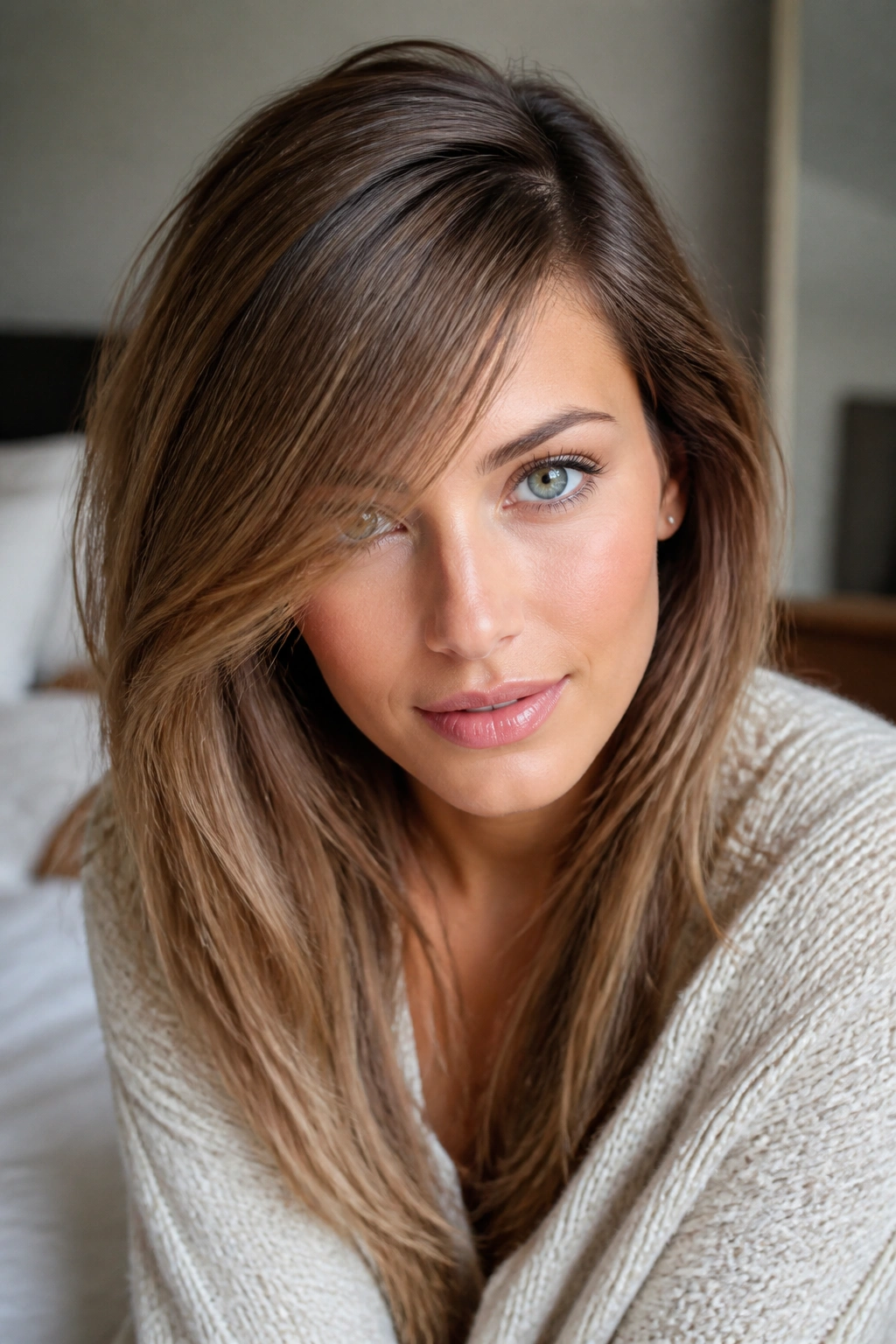 Close-up of a woman with a deep side swept bangs starting at the crown