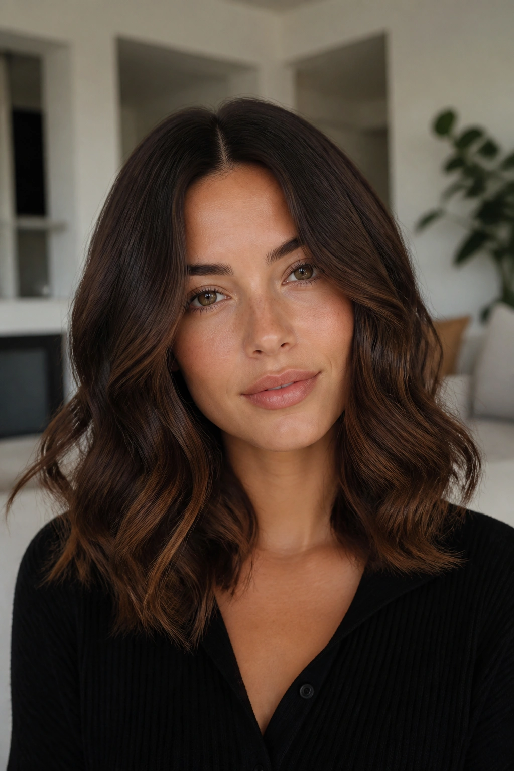 Close-up portrait of a real woman with a deep middle part and soft curls