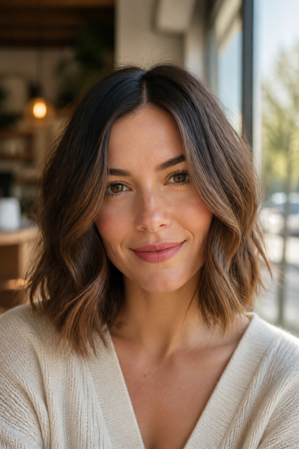 Close-up of a real woman with a deep middle-part lob and soft waves