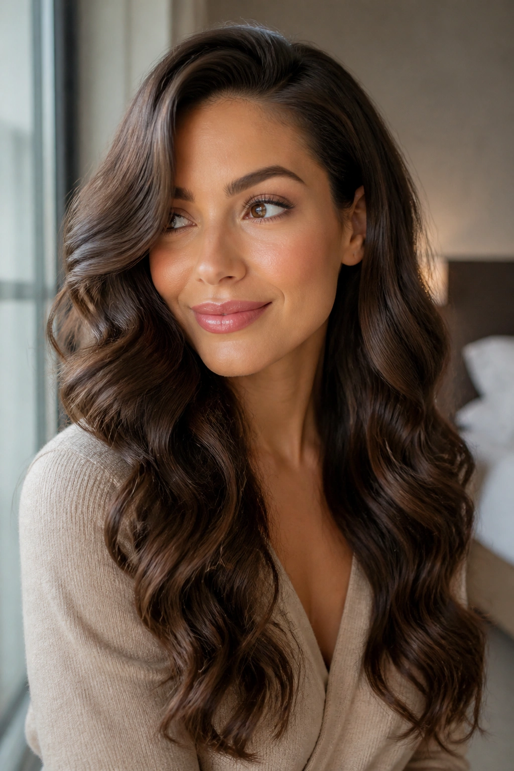 Close-up portrait of a real woman with deep side-part glam curls for long wavy hair