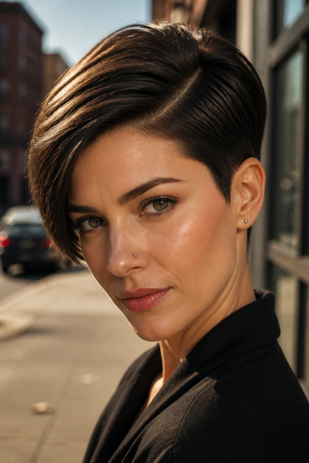 Portrait of a real person with deep part pixie hairstyle
