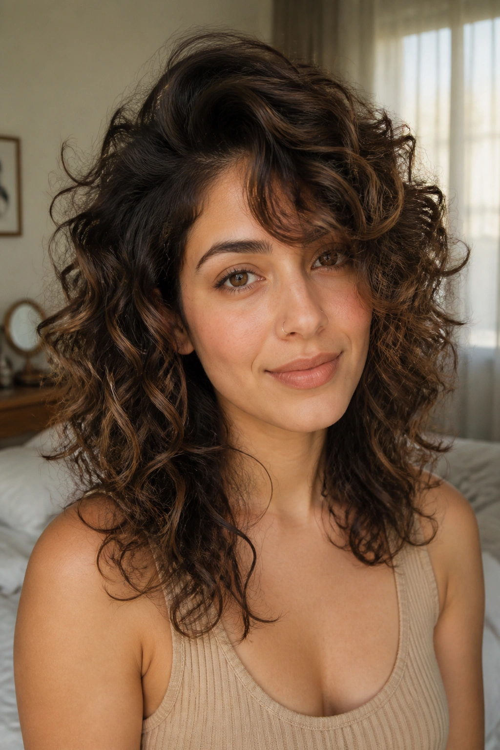 Close-up of real woman with deep-parted curly shag and side-swept bangs
