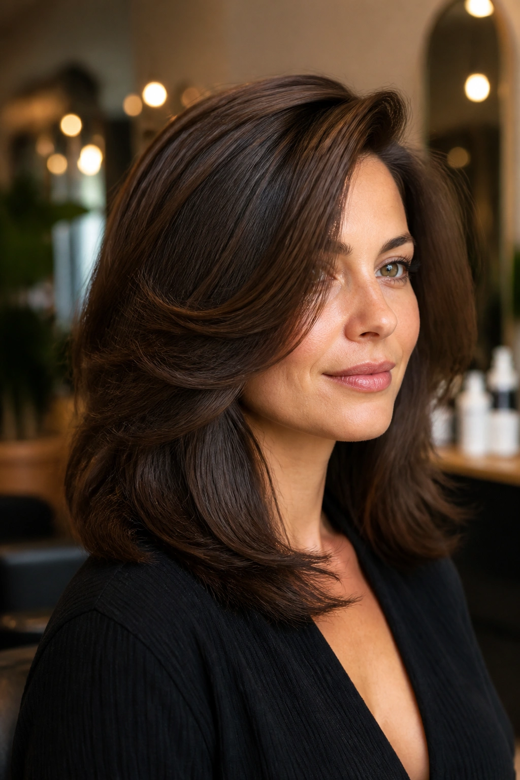 Portrait of a real woman with deep-part side-swept layered hairstyle