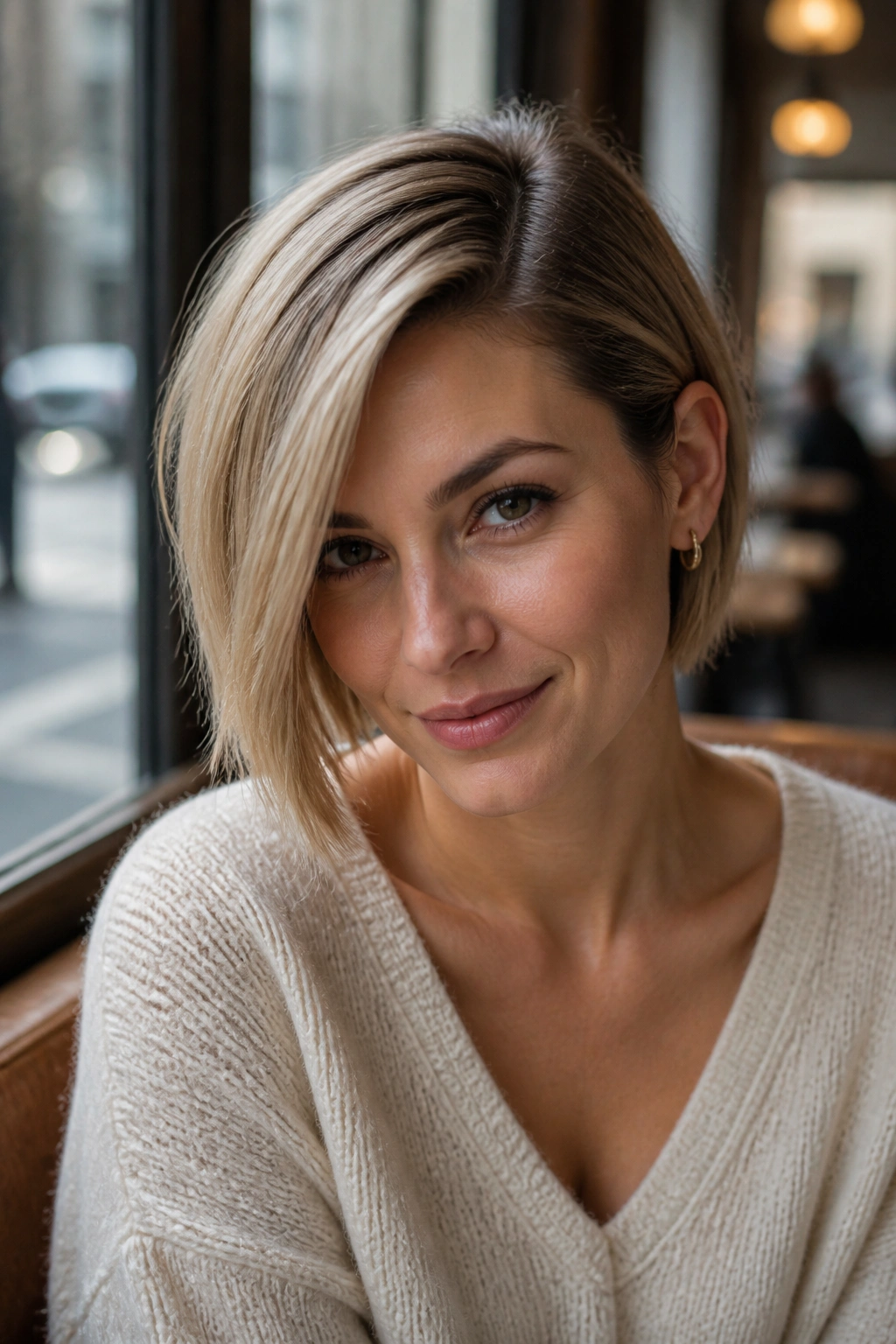 Portrait of a real woman with deep side part and side-swept front in a long pixie bob.