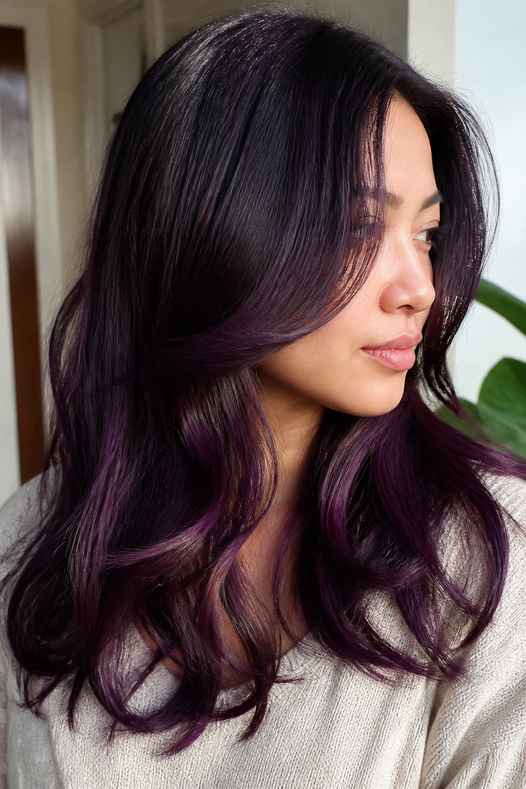 Close-up of a real person with deep plum hair showing violet-brown tones.