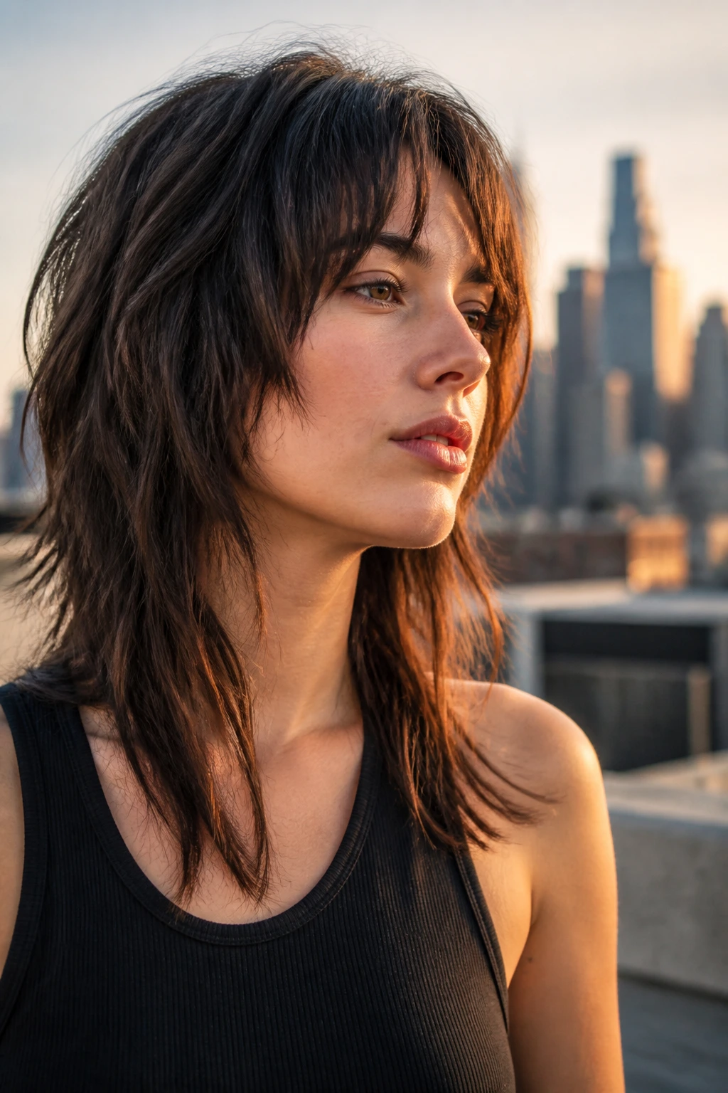 Three-quarter portrait of a real person with deep-point cut shag texture and airy mid-lengths.