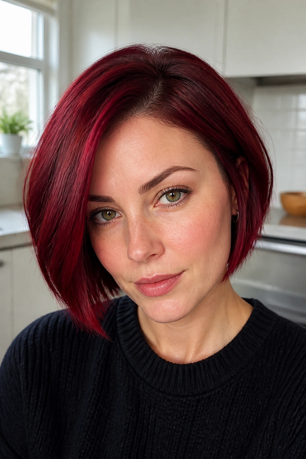 Close-up of a real person with deep ruby red short bob in bright daylight.