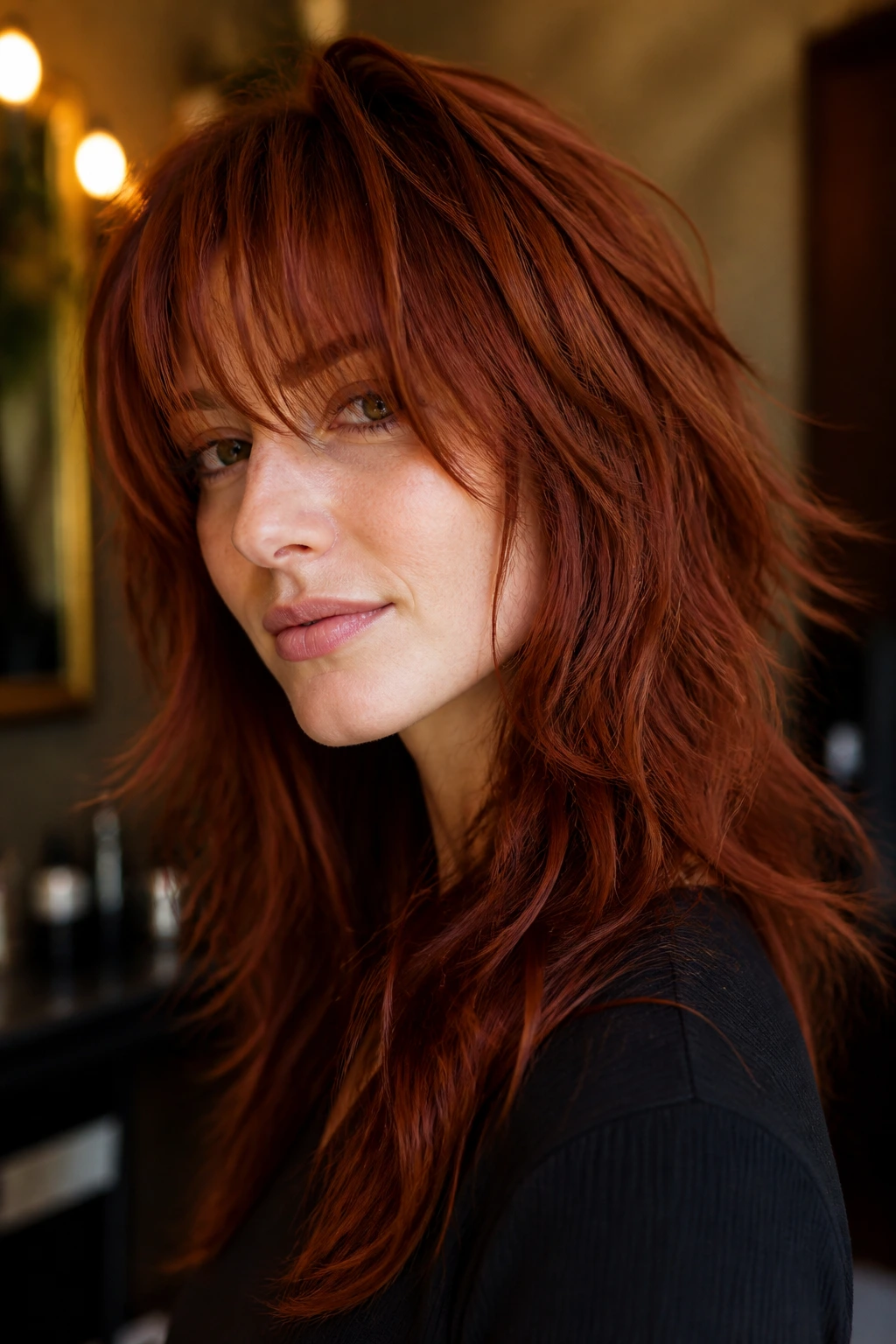 Close-up portrait of a real person with deep rust wolf cut in moody lighting