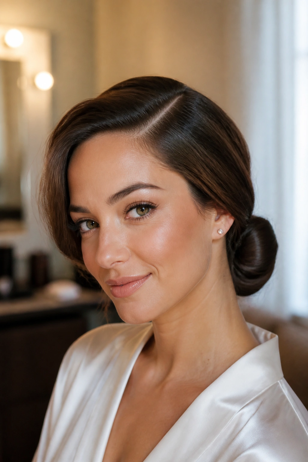 Close-up of a real woman with a deep side-part low bun in a softly lit dressing room