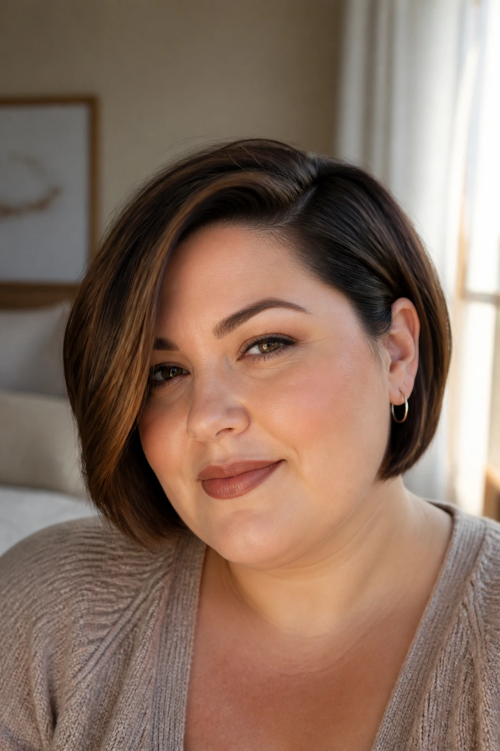 Close-up of a real woman with a deep-side-part chin-length bob, defining the jawline.