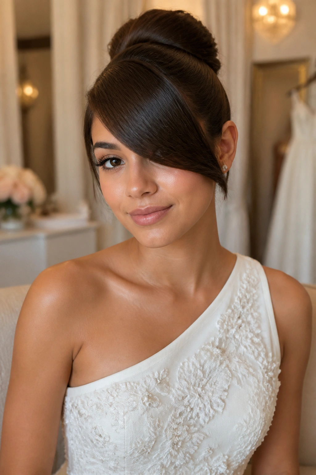 Close-up of a real woman with a deep side fringe and one-shoulder dress in a bridal suite