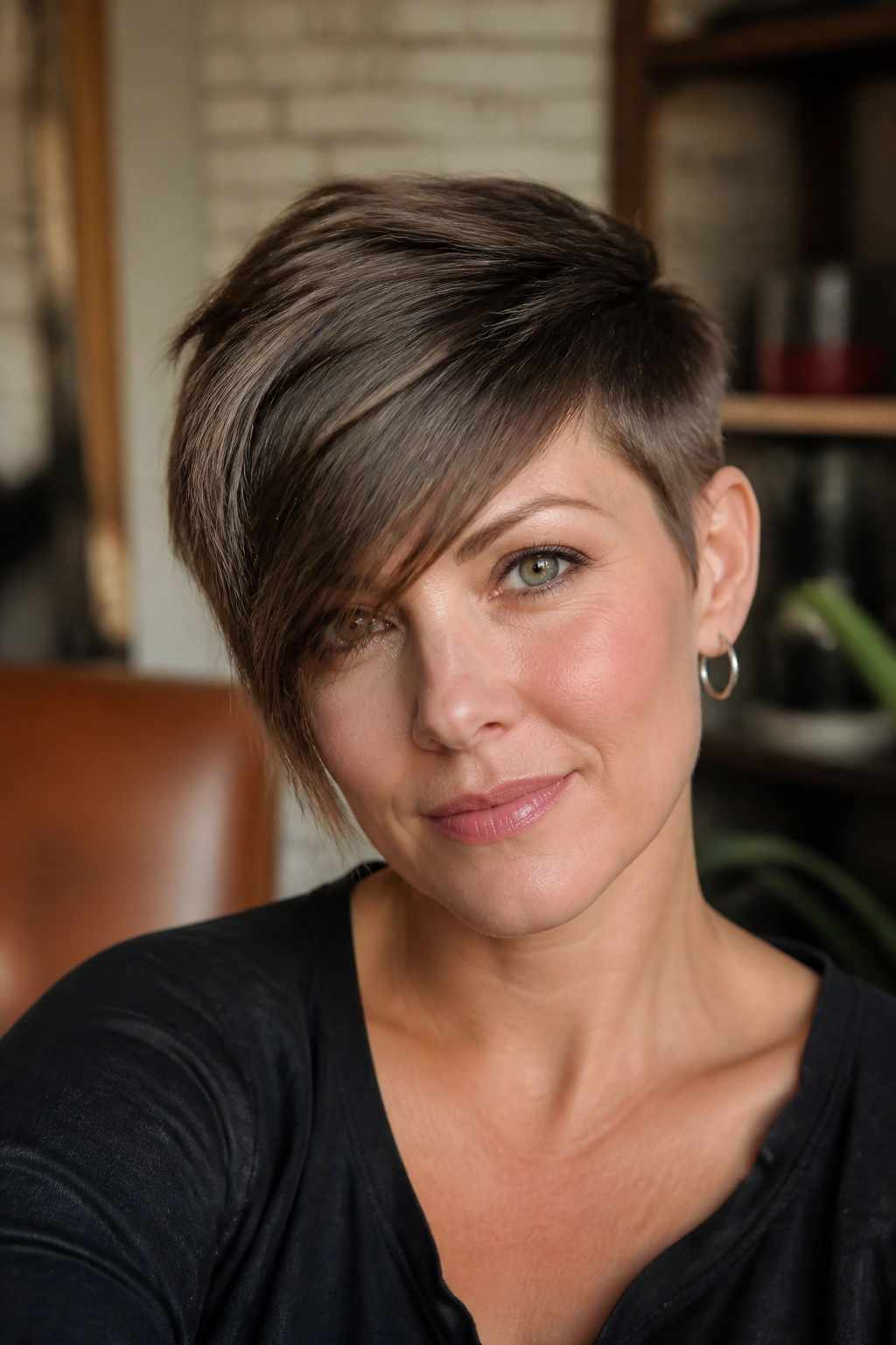 Close-up portrait of a real person with a deep side fringe pixie across the forehead.