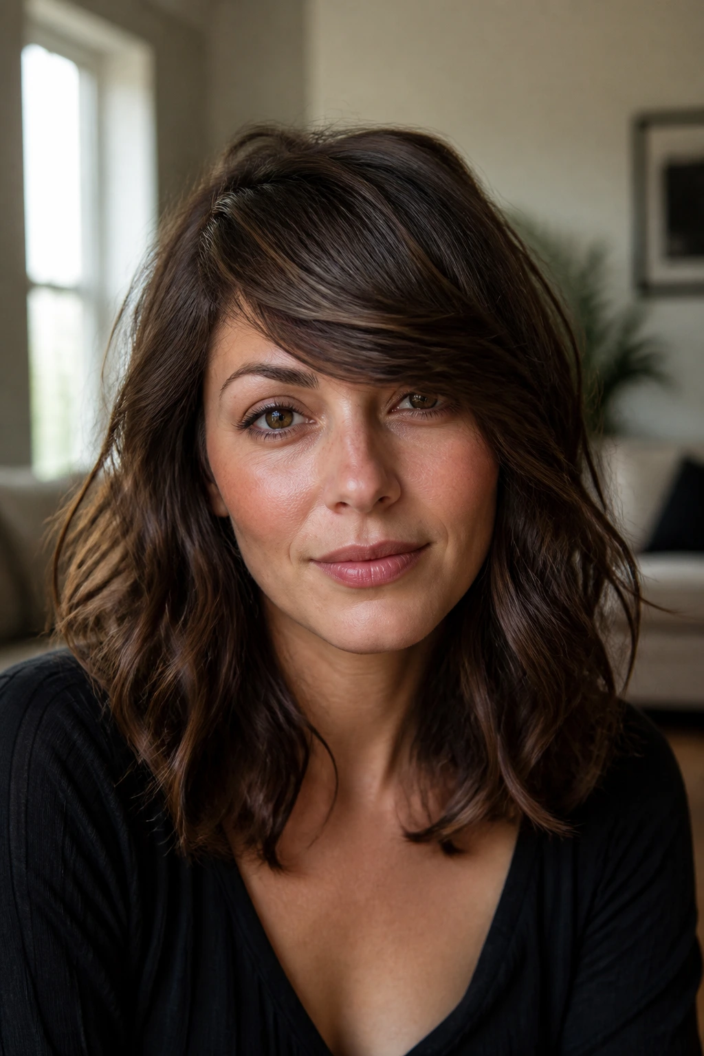 Close-up portrait of a real woman with a deep side fringe on wavy hair