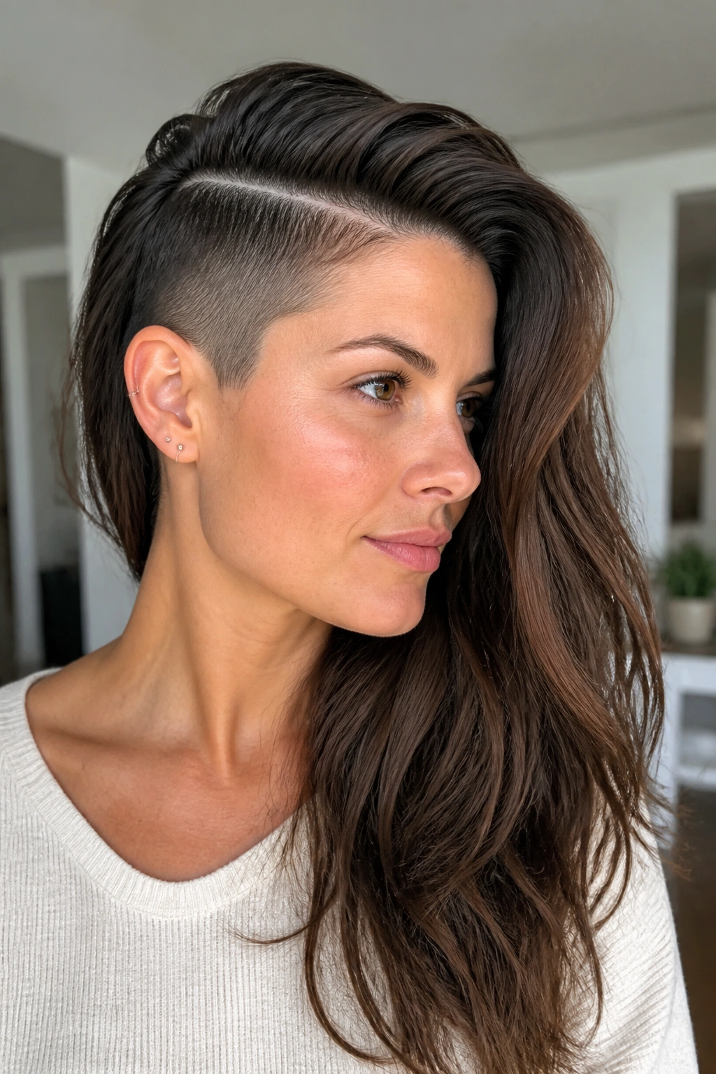 Woman with deep side-panel undercut and swept part