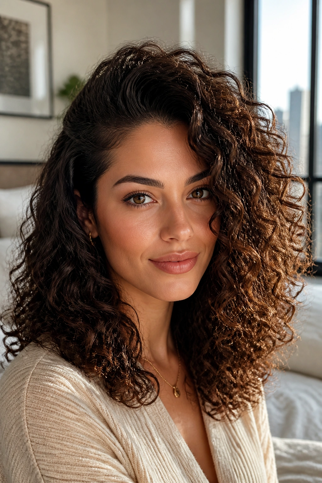 Close-up portrait of a real woman with a deep side part and volume sweep in thick curls.