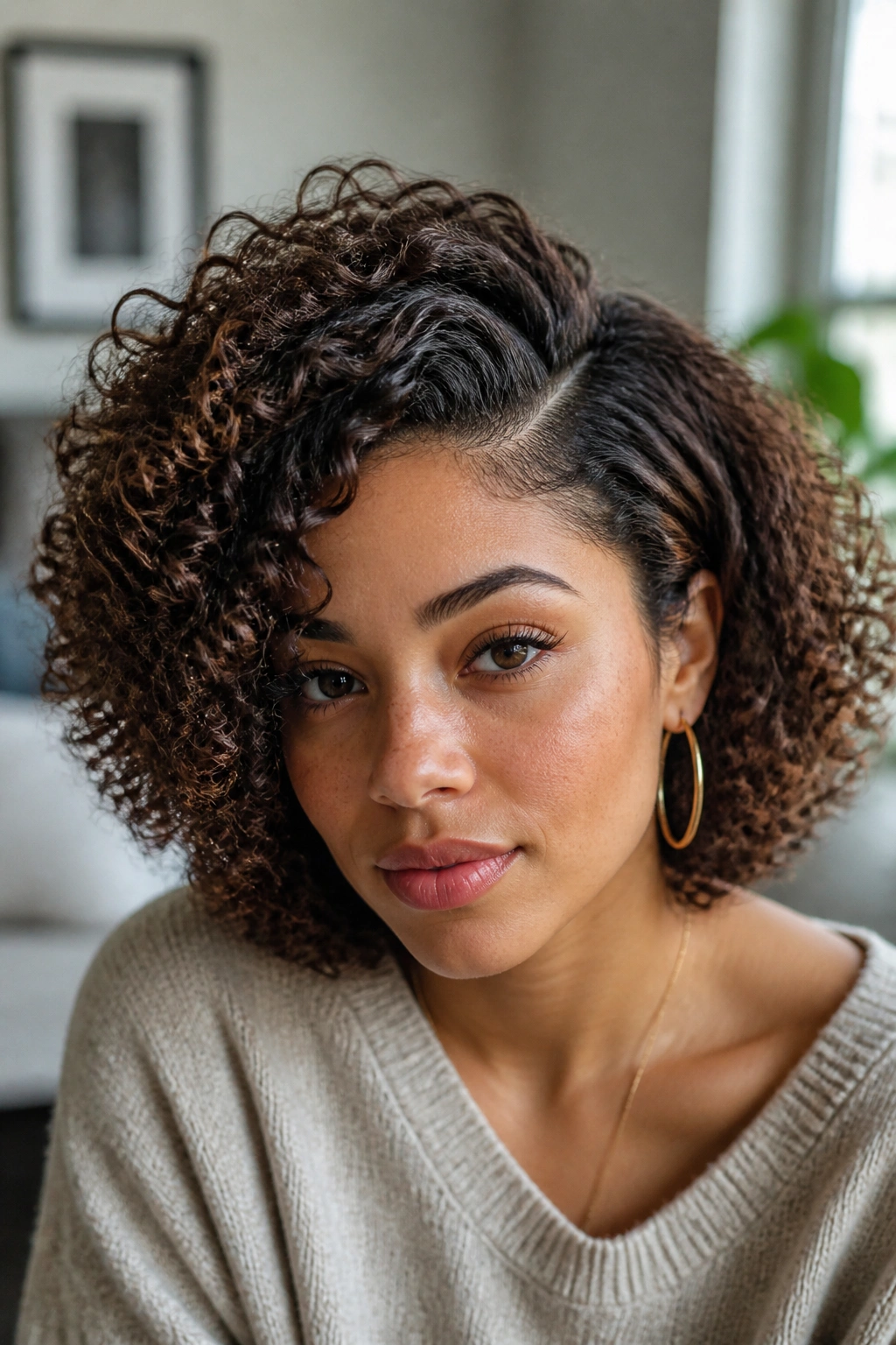 Portrait of a real woman with a deep side part and lifted roots.
