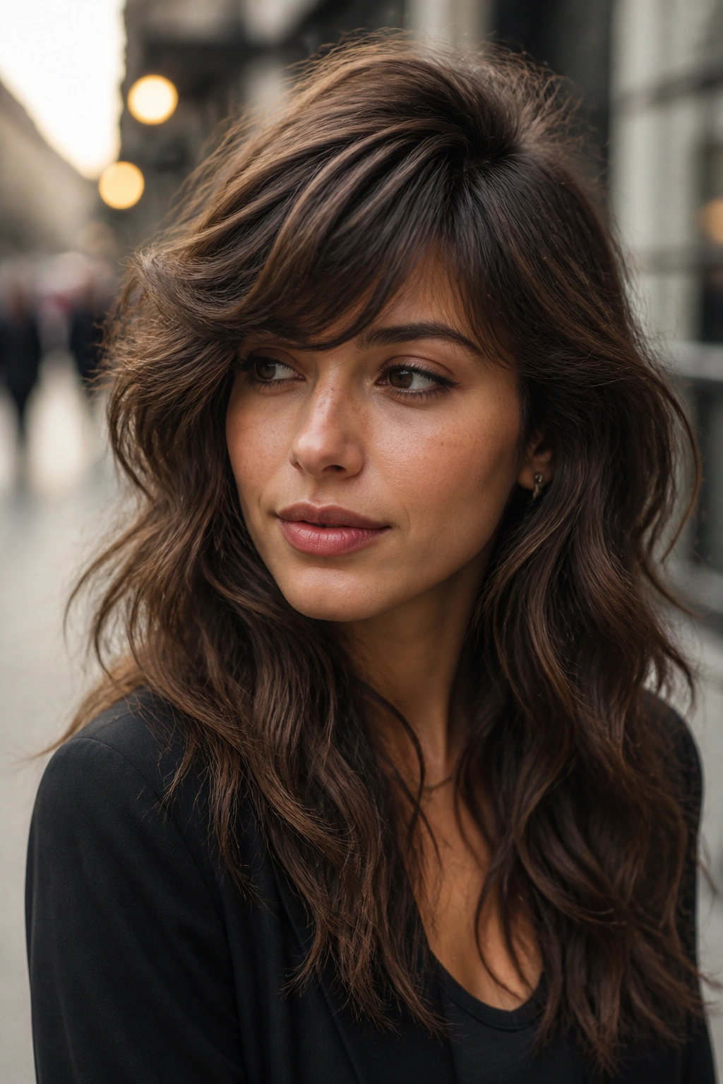 Portrait of a real woman with deep side part and sweeping bangs in long shag
