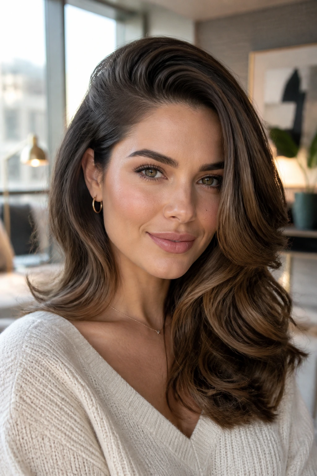 Portrait of a real woman with deep side-part blowout, lifted roots and glossy top