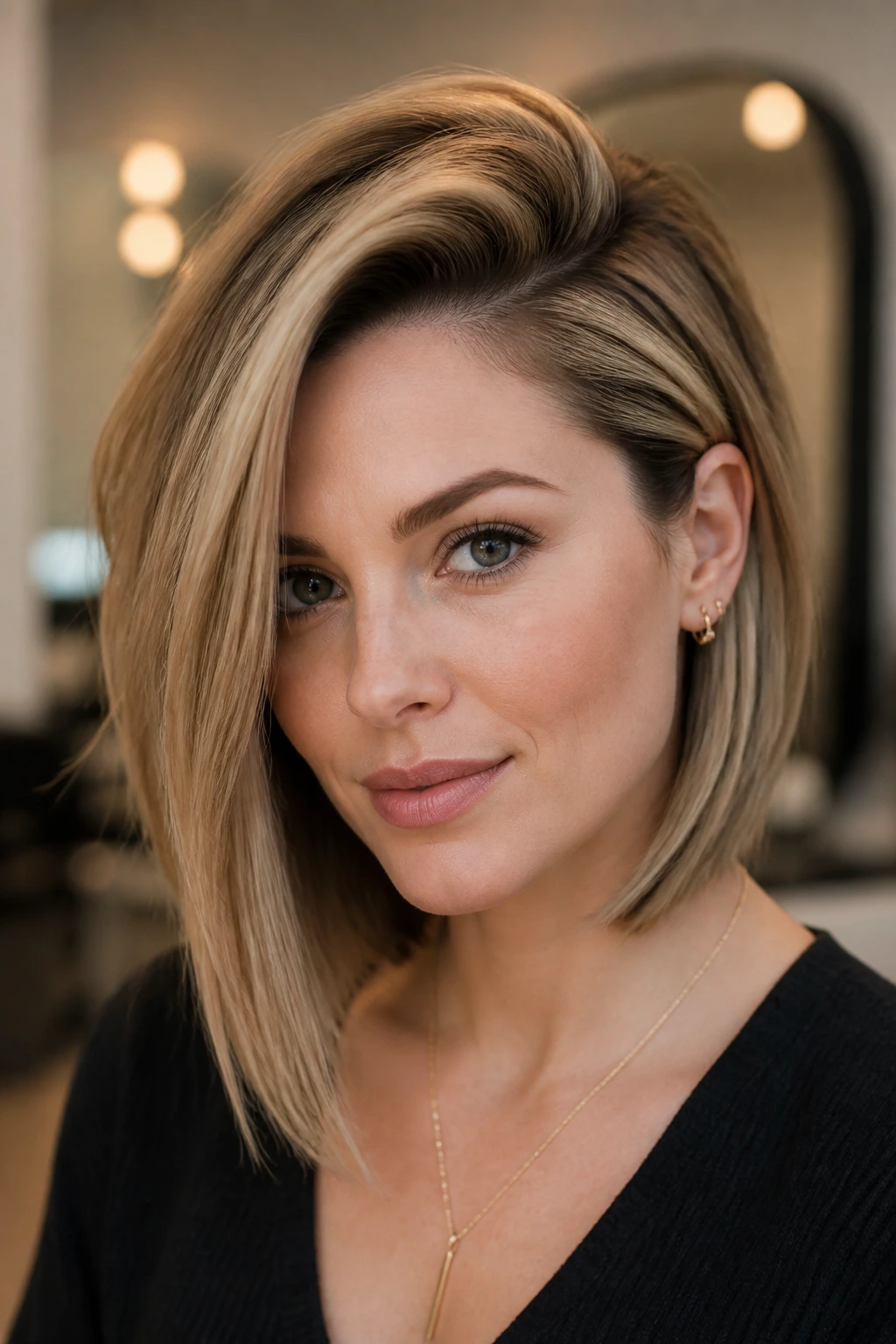 Close-up of a woman with a deep side-part angled bob and lifted crown