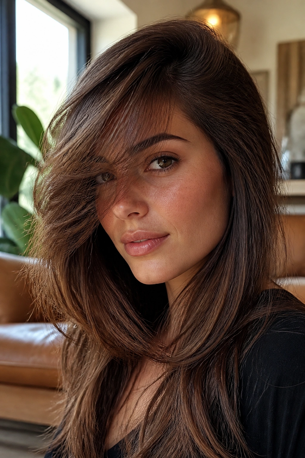 Close-up of a real woman with a deep side-part feathered bangs
