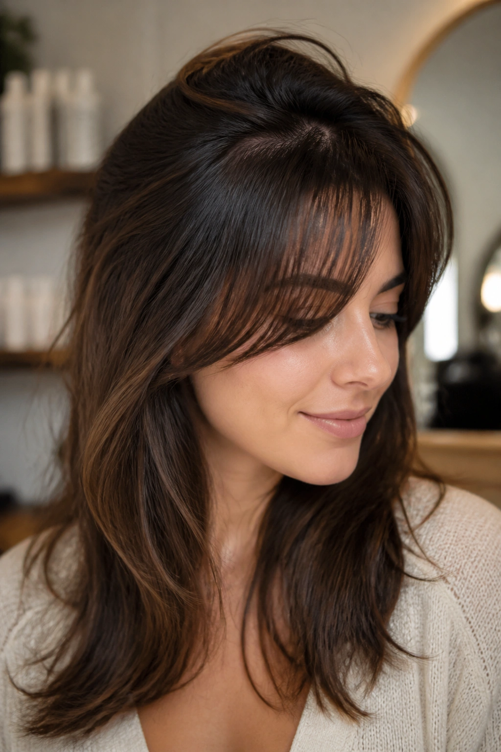 Close-up of a real woman with deep side-part bangs lifting the crown