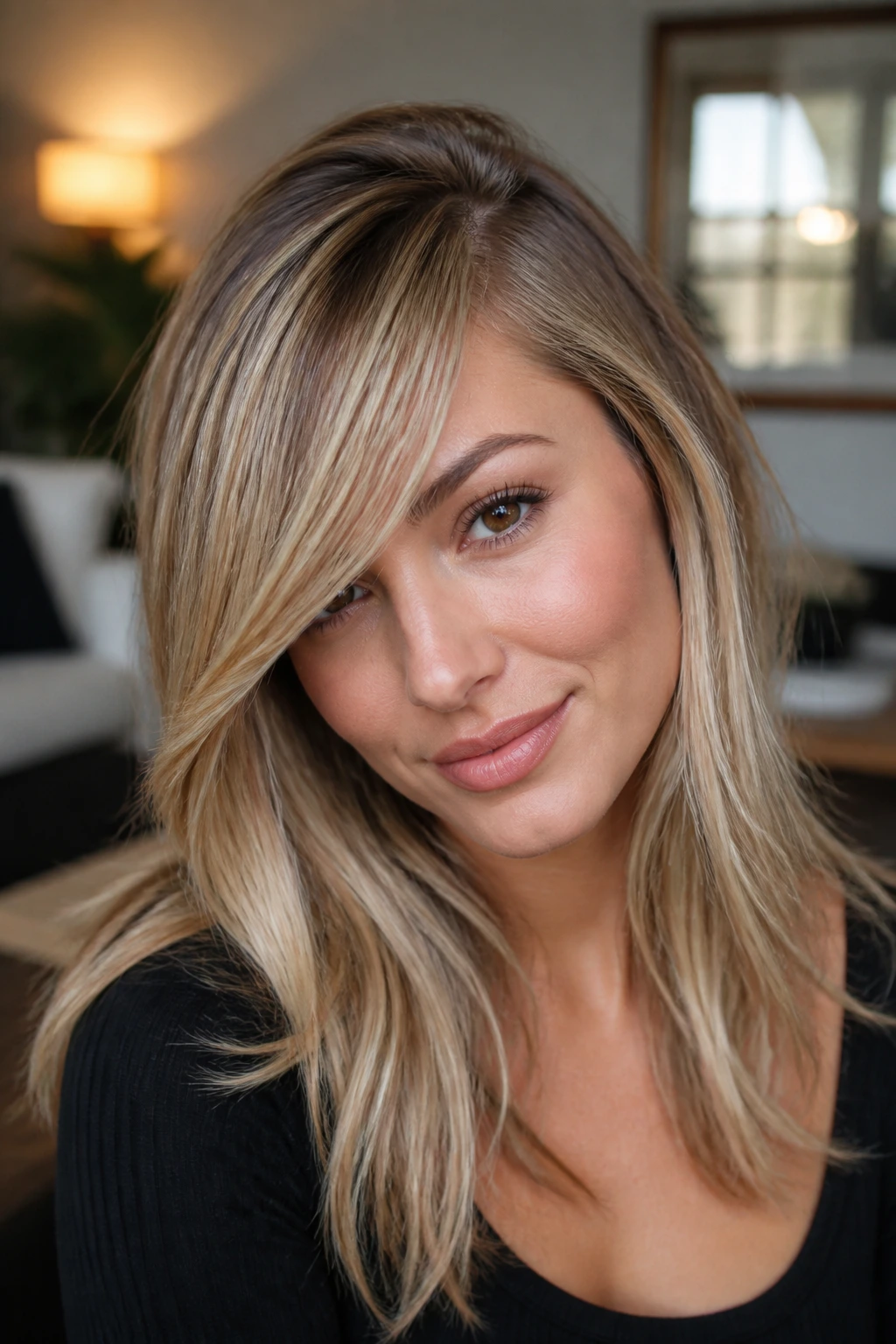 Close-up of deep side-part bangs with angled fringe on a real person