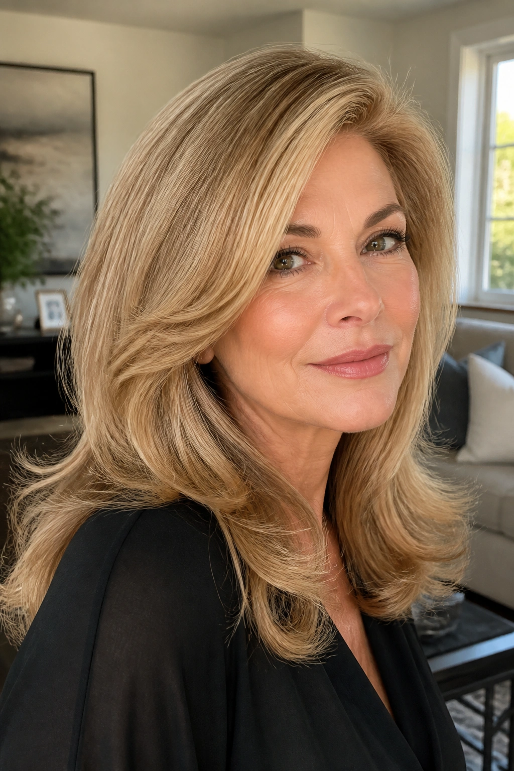 Close-up of a real woman with a deep side-part blowout in daylight