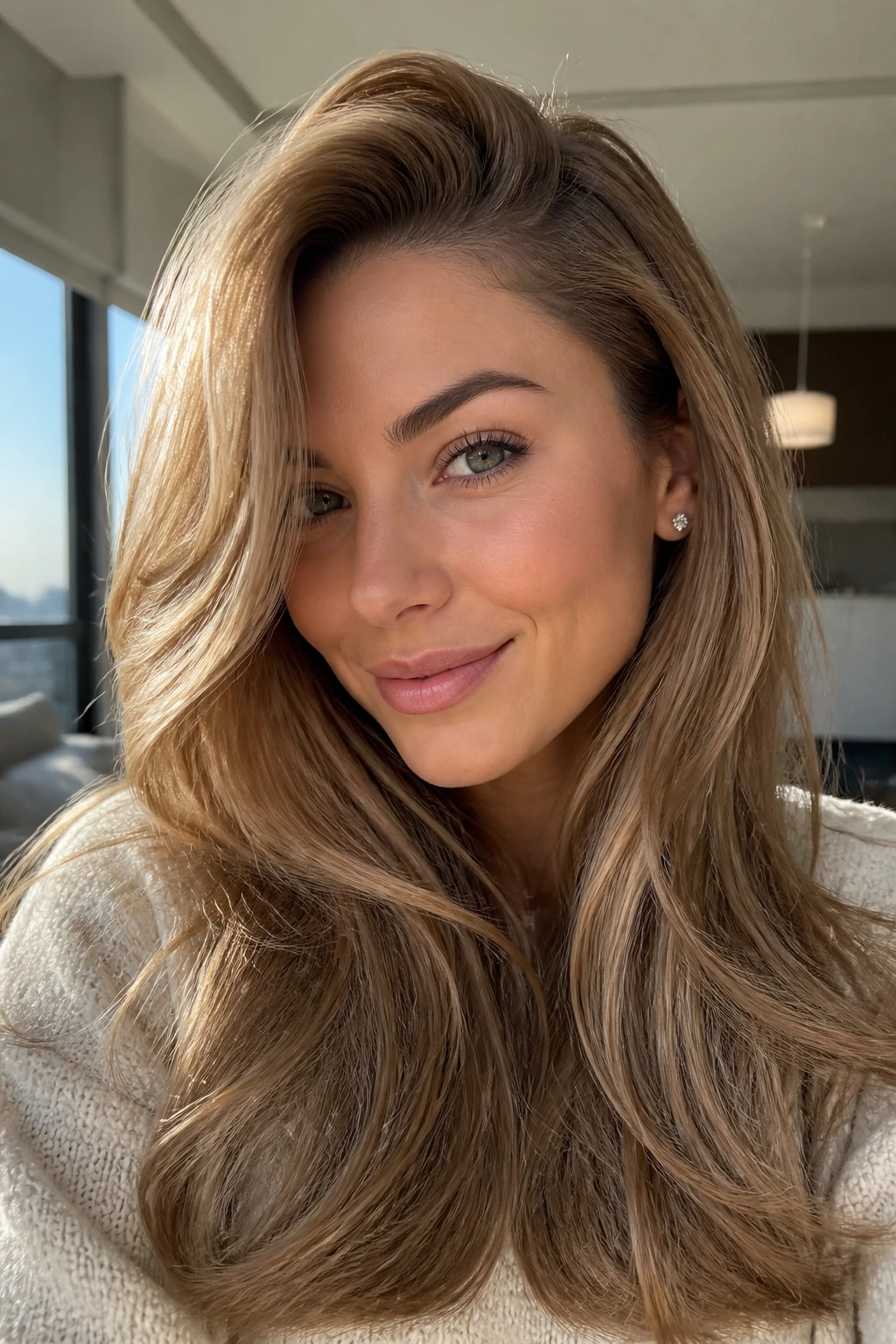 Close-up of real woman with deep side-part blowout
