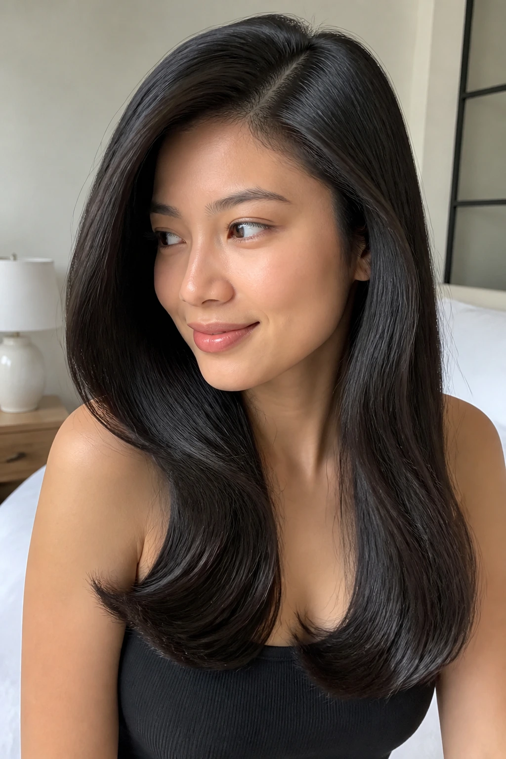 Portrait of a real woman with a deep side part and glossy blowout