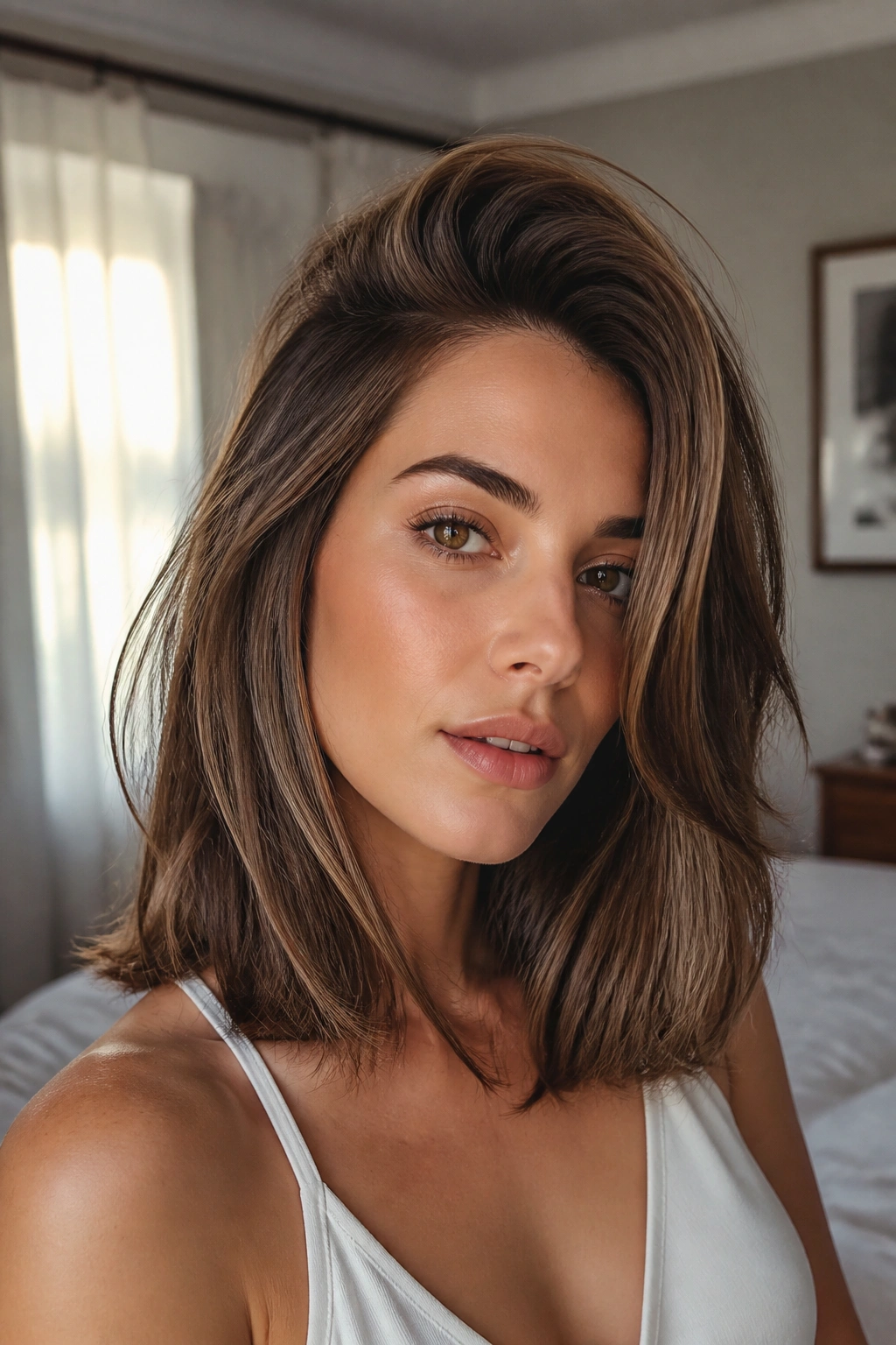 Close-up of a woman with deep side-part blowout and root lift