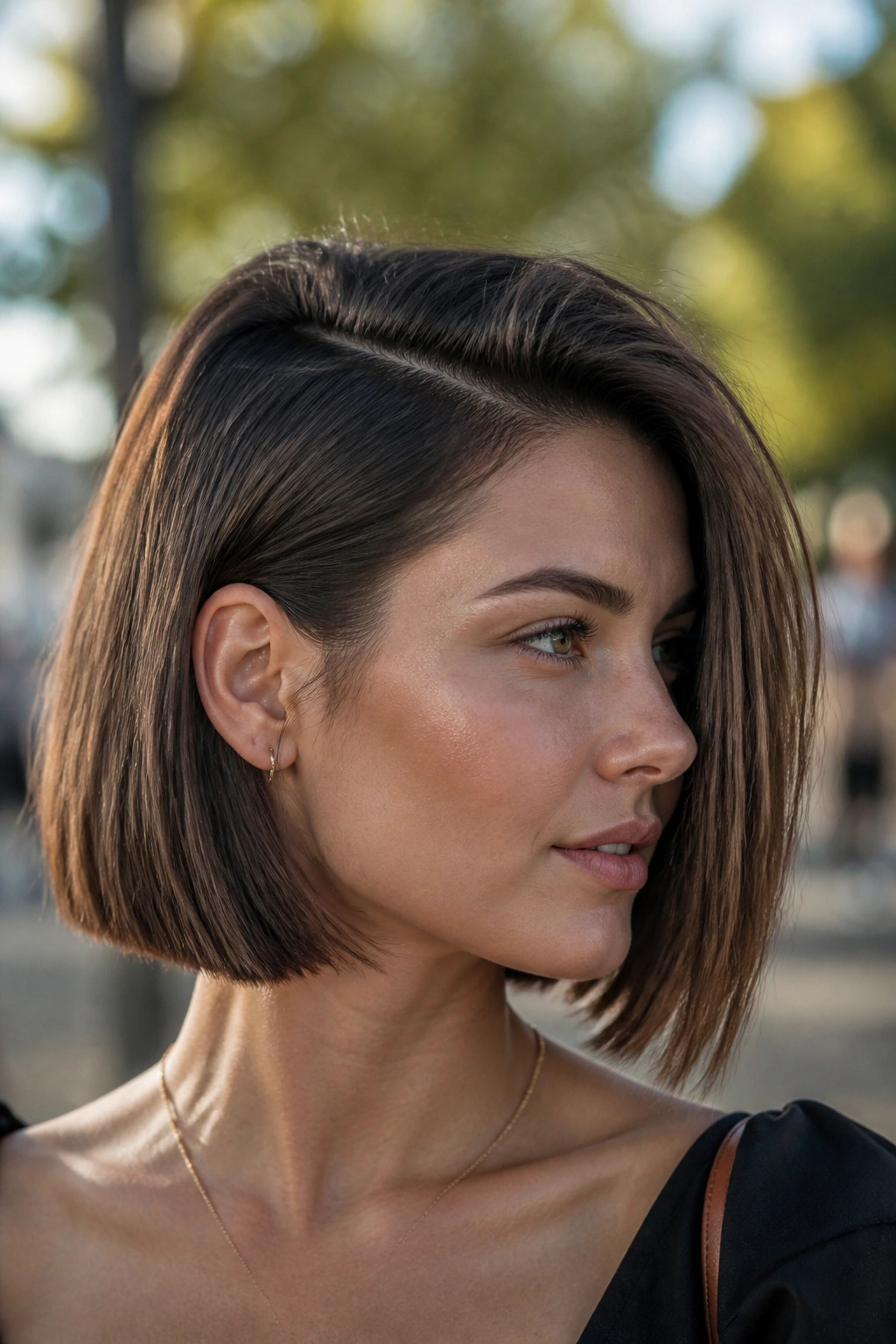 Close-up of real woman with deep side-part blunt bob