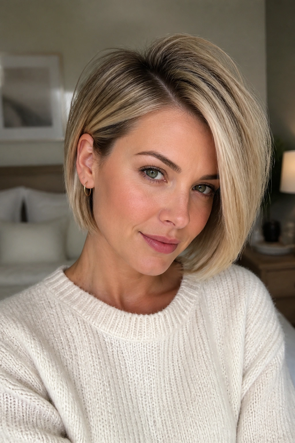 Real woman with deep side-part bob showing lift at crown.