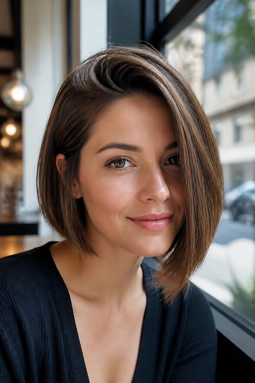 Real woman with deep side-part bob and lifted crown.