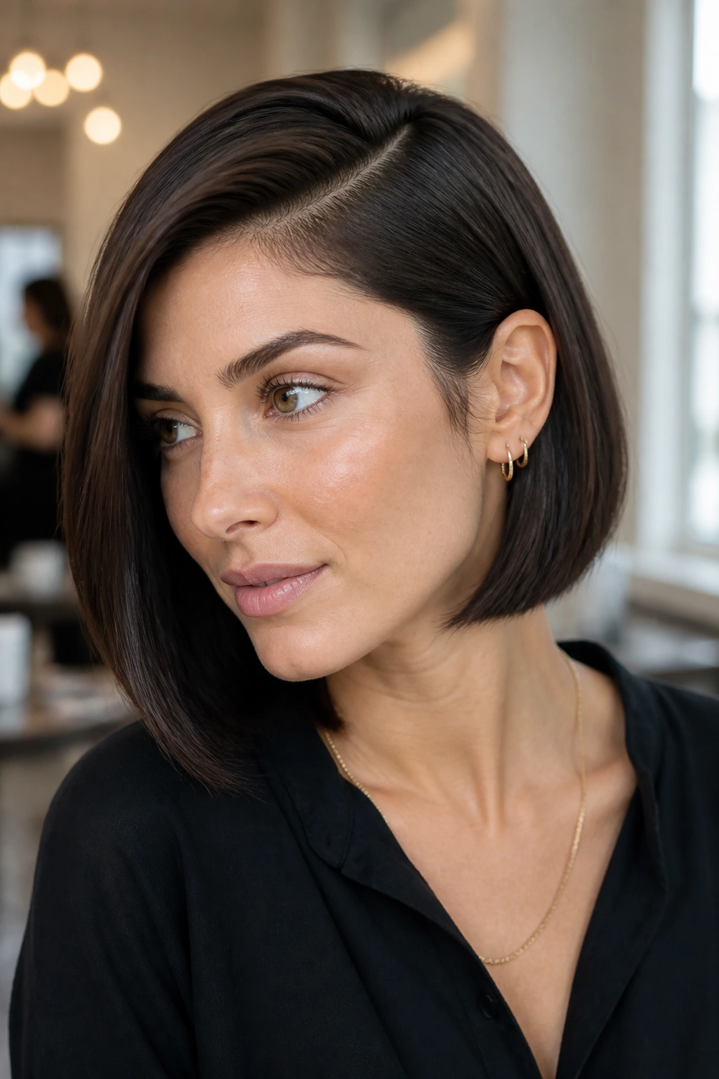 Close-up of a woman with a deep side-parted bob under natural window light